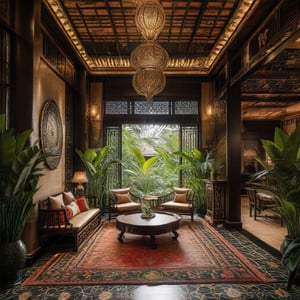 Create an image of an opulent Indochina resort showcasing an awe-inspiring interior design. The scene captures a spacious, open-concept lobby with high ceilings, adorned with intricate wood carvings and traditional silk fabrics. The lighting is soft and warm, highlighting the luxurious textures and vibrant colors of the decor. The composition includes elegant furniture pieces, lush tropical plants, and a grand chandelier. The overall atmosphere exudes a blend of modern luxury and traditional Indochinese charm, inviting viewers to experience the resort's captivating ambiance.