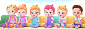 best quality, masterpiece, full hd, happy, netflix cartoon, Bebefinn Style;  multiple poses and expressions on white background, a girl kid, blonde bun hair, about 7yo, (sitting on sofa)