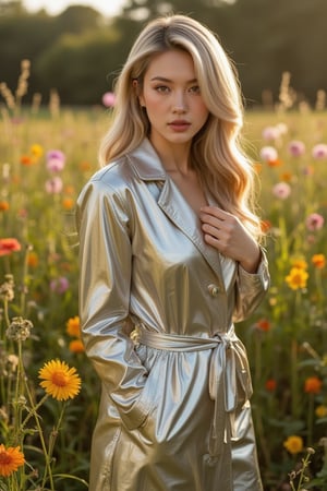 In a sun-kissed clearing, a stunning Scandinavian model stands out against a canvas of lush greenery and vibrant wildflowers. She wears a dazzling mirror-finish silver PVC trench coat that hugs her curves, accentuating her toned physique. Her straight blonde hair cascades down her back, while a few loose curls frame her face. A gentle breeze rustles her ponytail as she gazes directly at the viewer with an inviting smile, her lips slightly parted in anticipation. The warm sunlight casts a golden glow, highlighting the subtle curves of her features and the radiant colors surrounding her.,Art,HDR