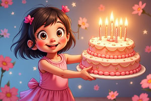 A whimsical anime scene: A curious and cheerful little girl, dressed in a bright pink dress with white flowers, stands proudly in front of a colorful background. She grasps a majestic birthday cake adorned with ((((12 sparkling candles)), its layers towering above her small frame. The warm glow of the candles illuminates her beaming smile, as she gazes directly at the viewer with shining eyes.