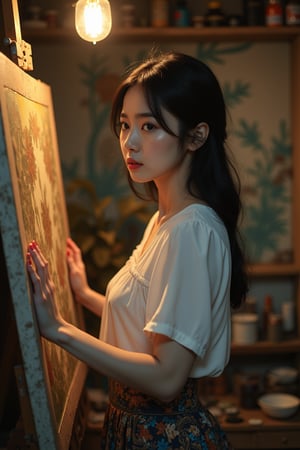 A young Asian woman with porcelain skin and jet-black hair, dressed in a flowing white blouse and high-waisted, intricately patterned skirt, stands in a dimly lit, rustic studio, surrounded by half-finished canvases and scattered paint tubes, reminiscent of the cinematic style of Wong Kar-wai. A soft, warm glow emanates from a single overhead light source, a vintage-style pendant lamp, casting a golden hue on her face and highlighting the gentle curves of her features. Her dark eyes, fringed with thick lashes, sparkle with creativity as she gazes intently at a canvas, her expression a mix of concentration and inspiration.,Enhanced all