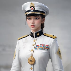 (glamour1.3) photo of a beautiful young confident woman Military officer, BREAK (((wearing offical army white uniform))), BREAK (blush, blemishes:0.6), (goosebumps:0.5), subsurface scattering, iridescent eyes, detailed skin texture, hourglass body shape, textured skin, realistic dull skin noise, visible skin detail, skin fuzz, dry skin, petite, remarkable color, (photorealistic:1.3), fullbody, dramatic lighting, golden_ratio, rule_of_thirds, Fujicolor_Pro_Film,1 girl,slender body,best face ever in Asia