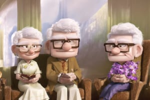 (((masterpiece))), best quality, they are (husband and wife). They are talking when sitting on the sofa.  Husband: about 65yo, wear glasses, white hair Wife: 62yo, , brown hair, doesn't wear glasses. , Pixar Up 2009 style, Wonder of Art and Beauty, old_aged Pixar Up 2009 style,