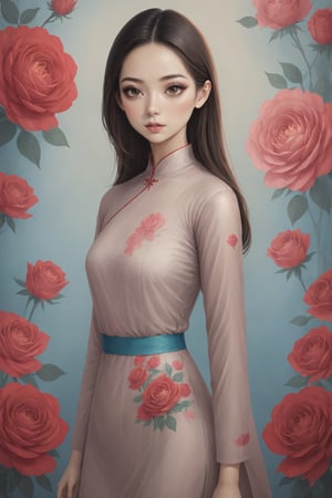 Create a modern-styled sketch portrait in silk textured paper of a gentle lady inspired by roses and love, utilizing the vibrant color palettes and sleek lines reminiscent of the works by Chinese contemporary artist Zhang Xiaogang, background is full of roses abstracts,xxmix_girl,Enhanced All,Long Legs and Hot Body,Vibrant colors palettes