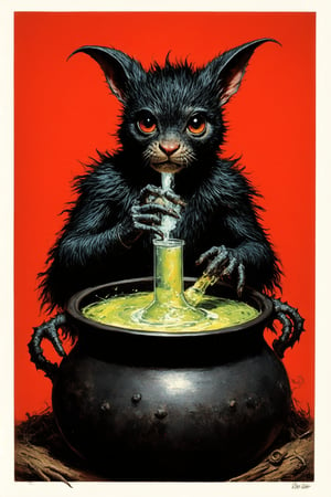 art by ralph steadman, art by brom, art by simon bisley, a masterpiece, ahighly detaikled, a star wars crearure mixing a potion over a cauldron, , big boggly eyes, small dark pupil, bat like ears, short fluffy skin and fur, cling to a branch with small black scaley hands, sigma 1000 mm lens, f2.8, eyes in focus, 