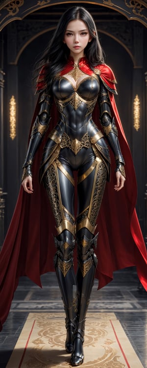 front_view, masterpiece, best quality, photorealistic, raw photo, (1girl, looking at viewer), black long hair, mechanical black armor, intricate armor, delicate gold filigree, black metalic parts, detailed part, red cape, standing pose, detailed background, dynamic lighting,Long Legs and Hot Body,Wonder of Beauty,Enhanced All