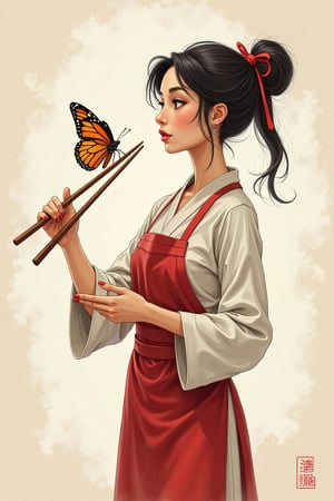 1 female teacher with her huge chopsticks ready to cath a butterfly,Drawing style