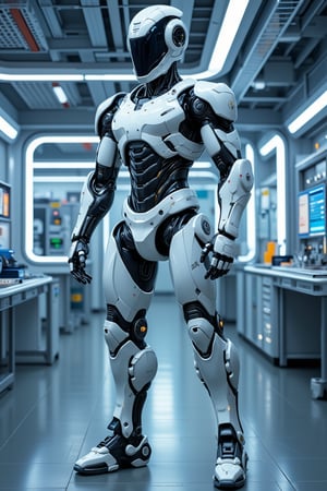 A highly detailed robot, fully equipped with advanced technology, standing in a futuristic lab. The robot is in a dynamic pose, with a wide-angle shot capturing its entire body. The lighting is bright and metallic, highlighting the intricate details of its mechanical components. The composition is balanced, with the robot centered in the frame, surrounded by various scientific instruments and glowing screens.