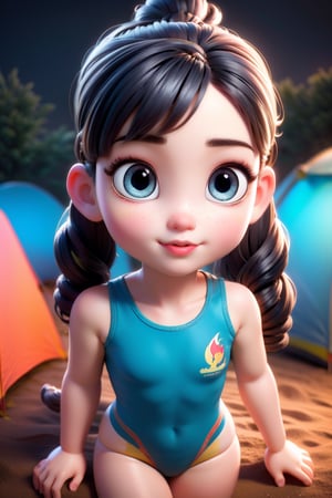 best quality, masterpiece, beautiful and aesthetic, vibrant color, Exquisite details and textures,  Warm tone, ultra realistic illustration,	(cute Belgium girl, 5year old:1.5),	(Camping theme:1.4), Camping with a family,	cute eyes, big eyes,	(a model look:1.4),	cinematic lighting, ambient lighting, sidelighting, cinematic shot,	siena natural ratio, children's body, anime style, 	head to thigh portrait,	very long black ponytail hairstyle with blunt bangs, 	one-piece cute swimsuit, a beach,	ultra hd, realistic, vivid colors, highly detailed, UHD drawing, perfect composition, beautiful detailed intricate insanely detailed octane render trending on artstation, 8k artistic photography, photorealistic concept art, soft natural volumetric cinematic perfect light. ,Enhance,3dcharacter,Daughter of Dragon God