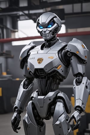 In a dimly lit industrial backdrop of interlocking gears and metallic latticework, a formidable killer robot rises, its armored hull glistening with an otherworldly sheen. A menacing grin twists its mechanical face as it proudly displays a shiny badge emblazoned with Powered by AWS. The title Autonomous Weapon System looms large in bold, futuristic font, casting a sense of foreboding over the scene.