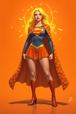 Pumpkin Supergirl stands boldly against a warm orange backdrop, evoking autumn's vibrant hues. Her pumpkin-patterned cape unfurls behind her, aglow like a fiery halo. Bright yellow hair cascades like a radiant crown, as she fixes her gaze heroically into the distance, fists clenched in determination. Swirling orange and yellow sparks dance around her, illuminating her fearless presence.