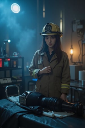 A dimly lit, steam-filled room, reminiscent of a David Lynch-inspired atmosphere, with flickering fluorescent lights casting an eerie glow. A slender, Asian girl, with porcelain skin and raven-black hair, clad in a firefighter's helmet and coat, stands beside a makeshift operating table, where a cybernetic limb lies exposed. Her expression is a mix of determination and unease, as she looks down at the limb. A faint, blueish hue from a nearby LED light illuminates the clinic's equipment, while a warm, golden glow from a nearby lantern casts a sense of unease, highlighting the contrast between the sterile clinic and the firefighter's rugged gear.