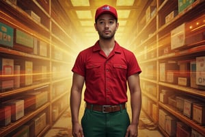 masterfully fuses human identity with technology, resulting in an otherworldly and captivating portrait. The subject, a young man dressed in a red baseball cap, a red collared shirt, and a green pants in style of a repairman. 