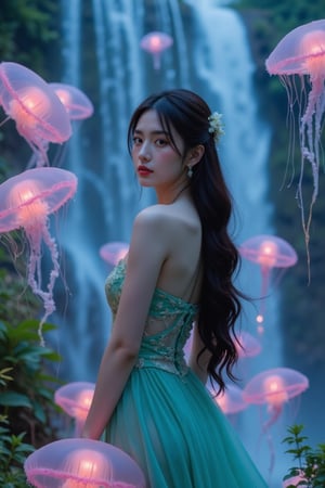 An Asian young woman with long flowing hair, adorned in a delicate emerald green gown, surrounded by a mesmerizing rainforest waterfall environment. She stands amidst a dance of luminescent jellyfish, which glow in hues of pink and blue. The backdrop is a cascading waterfall, punctuated by the soft glow of bioluminescent plants and the gentle mist of water. The woman's gaze is distant, as if lost in thought, while the jellyfish float gracefully around her, creating an ethereal and dreamlike atmosphere.