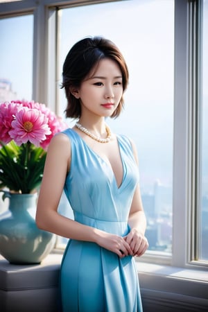 A serene and elegant Asian woman poses by a grand window, her gaze fixed on the vibrant pink flower arrangement in a delicate vase, against a soft focus background of blurred cityscape or lush greenery. Her striking blue dress, adorned with a pearl necklace, shimmers in the warm sunlight streaming through the window, casting a gentle glow.,Realistic Enhance