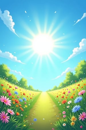 “A bright, clear day with a radiant blue sky. The sun shines intensely, casting a warm glow over a grassy path lined with colorful wildflowers. The scene is filled with light and the sense of a perfect summer day”, Drawing style