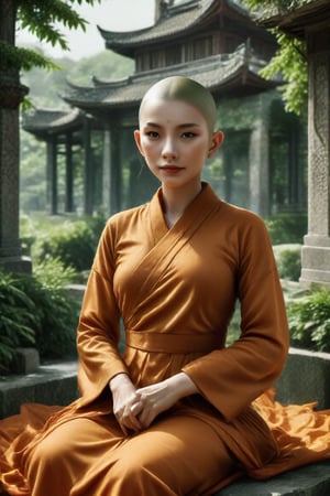 A serene Buddhist monkess, clad in traditional orange robes, sits majestically against a stunning backdrop of lush greenery and ancient stone structures. Her piercing brown eyes radiate inner peace as she cradles a sacred text, her delicate features illuminated by warm morning light filtering through the misty veil.,Supreme,Buhhdism 3555,Truly Asian Beauty