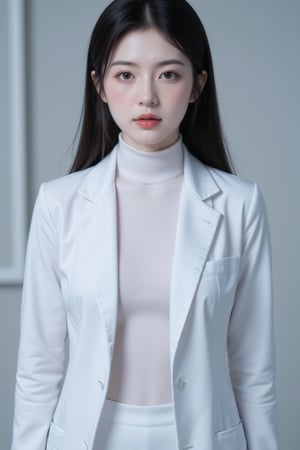 (Realistic, Photorealistic: 1.37), labcoat, white coat, K-Pop idol, ((highest quality)), ((intricate details)), ((surrealistic)), absurd resolution, 18 years old, young , sexy woman, point view, highly detailed illustration, one girl, medium breasted, perfect hands, detailed fingers, beautifully detailed eyes, medium long hair, brown eyes, (turtleneck: 1.2), tight skirt, Detailed background, choker, perfect eyes, enchanting eyes, looking. Viewed from the front