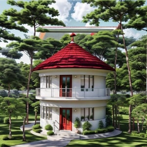 A round house, 2 floors, Conical ((((red)))) tile roof ,  in the middle of a green space, masterpiece, details, wonderful architectural image, brown door, blue glasses, white wall, black stell upstairs,Wonder of Art and Beauty, raw photo, masterpieces ,Round house,bird 's-eye view,luxury interior