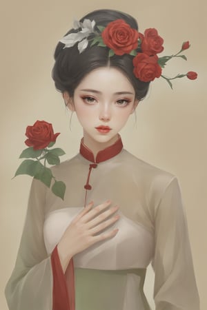 Create a modern-styled sketch portrait in silk textured old paper of a gentle lady inspired by roses and love, utilizing the vibrant color palettes and sleek lines reminiscent of the works by Chinese contemporary artist Zhang Xiaogang, background is full of roses abstract and bloody illustrations abstracts,chinese_painting,Vietgirl