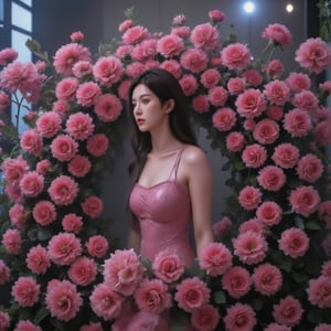 A stunning woman stands within a lush flower store, looking nowhere, her beauty eclipsed only by the vibrant bouquet of hundreds of tightly clustered red roses she holds. The crimson petals and dark green leaves form a striking sphere, radiating against the bright, balanced lighting that fills the space. Her dress is a beautiful complement to the flowers, as she occupies the top half of the image, surrounded by the lush greenery and delicate blooms.,pink art