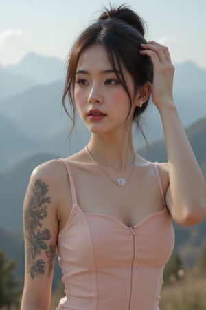 This is a semi-body portrait, taken by a canon eos 60D, rich colors enhanced , 64k, highest resolution and ultra HD. a young Asian woman stands in front of a blurred backdrop of a mountain range. She is wearing a salmon colored dress, adorned with a floral tattoo on her left arm. Her hair is pulled back in a ponytail, adding a pop of color to the scene. She's wearing a silver chain necklace, and a pair of earrings. Her left hand is resting on her head, adding depth to the composition. The backdrop is blurred, creating a peaceful and serene atmosphere.