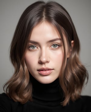 The image is a close-up portrait of a young woman's face. She has shoulder-length brunette hair that is styled in loose waves and falls over her shoulders. Her eyes are a deep blue color and her eyebrows are groomed and filled in. She is wearing a black turtleneck sweater and her lips are painted a soft pink color. The background is a neutral grey color, making the woman the focal point of the image. The lighting is soft and natural, highlighting her features.,pink art