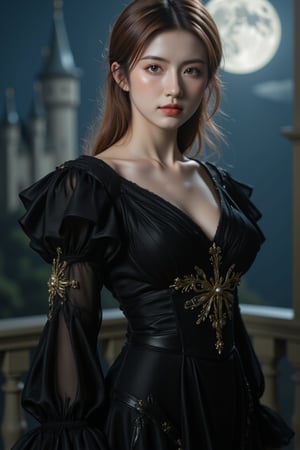 Elegantism, opulent scene, full portrait of a Victorian lady, heroic, black clothes, gold trim, full moon, castle, head and shoulders portrait, 8k resolution. (masterpiece, top quality, best quality, official art, beautiful and aesthetic:1.2), (1girl:1.4), upper body, blonde hair, portrait, extreme detailed, in the style of esao andrews,style,oil paint ,concept,fantasy