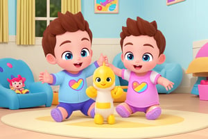 best quality, masterpiece, 1girl kid is sister and 1baby boy is younger brother. They are playing toys together. full hd, happy, netflix cartoon, ,Bebefinn Style