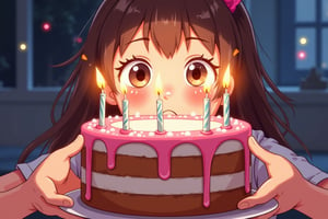 A whimsical anime scene:  a big birthday cake with ((((12 sparkling candles)) on the hands of a litttle girl.  