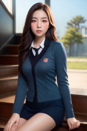 high school student,girl,school uniform,sitting on stair,Best Quality, 32k, photorealistic, ultra-detailed, finely detailed, high resolution, perfect dynamic composition, beautiful detailed eyes, sharp-focus, cowboy_shot, ,perfect split lighting