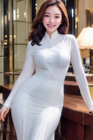 chinese woman, (maid:0.8), long hair, laughy smile, fully clothed, fully dressed, curve, photo real, ultra high definition, UHD, ultra high resolution, ultra real,Enhance,NDP,Sugar babe ,Provocative