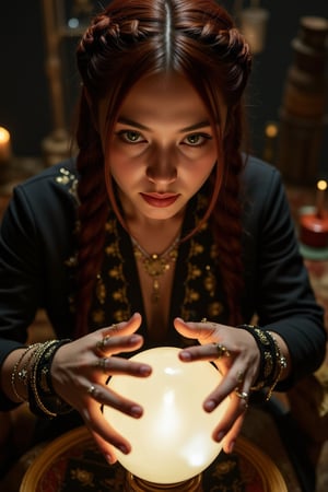 Create a hyperrealistic portrait of a mysterious fortune teller with piercing emerald eyes and deep auburn hair, intricately braided and adorned with gold accents. Render every detail sharply, from the enigmatic expression on her face to the intricate jewelry adorning her hands and wrists. Position her within a dimly lit gypsy wagon, with dramatic shadows dancing across her features as she gazes into a crystal ball from an aerial perspective, creating a sense of intrigue and wonder for the viewer.,biological