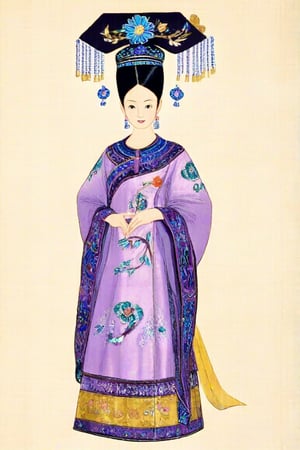 The drawing features a woman in traditional royal East Asian attire, which is characterized by its distinctive style and the use of floral patterns. The robe's purple color is accented with blue and yellow embroidery, suggesting a connection to nature and possibly symbolizing wealth or status. The headdress is elaborate, with what appears to be precious stones and feathers, indicating a ceremonial or royal context.