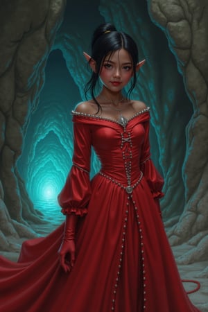 (((A detailed masterpiece illustration by Kentaro Muira))) , front view, 1 girl, elf, (((dark skinned female))), pixie haircut, full body,  tomboy, red lipstick,  red medieval dress, , intense expression looking at viewer, full body, glittering jewel cave background,preidental suite