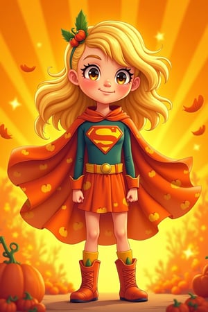 In vibrant, whimsical illustration style, depict a young girl, 'Pumpkin Supergirl', standing confidently against a warm orange background, reminiscent of autumn foliage. She dons a superhero cape with pumpkin-inspired patterns, flowing behind her like a fiery aura. Her bright yellow hair flows like a crown, as she gazes heroically into the distance, fists clenched in determination, surrounded by swirling orange and yellow sparks.