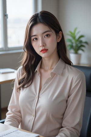 a digital portrait of a naturally beautiful young girl, 25 years blonde with a complexion reminiscent of pure porcelain, fullly matured. sitting on office desk in meeting
, full size photo, 
,Korean Model,babe