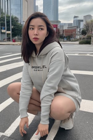 Photorealistic image, full body portrait, girl sitting down squatting, in doubt, hoody, light colors, puzzeled, questiond unanswered, frustrated, alone, highly detailed, cinematic lighting,Provocative,Enhance