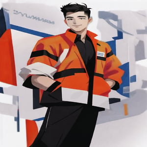 A confident man stands tall, looking directly at the viewer with a warm, inviting smile. His black hair is stylishly cut in an undercut hairstyle, showcasing his sleek features. He wears a vibrant orange worker uniform. white background that highlights his bold outfit and radiant expression.