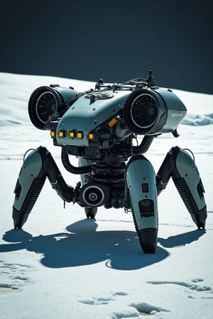 A robotic explorer designed specifically for Neptune’s surface, with a bulky, multi-legged chassis built to anchor itself against the planet’s extreme winds and icy terrain. Its segmented, armored body is made of high-durability alloys, resistant to freezing temperatures and intense atmospheric pressure. The robot has no humanoid features, instead featuring a rotating sensor array and telescopic limbs that extend to probe the icy ground and analyze the methane-laden atmosphere. Its large, reinforced treads allow it to move steadily across the frozen surface, while massive turbine-like fans help it stabilize against the gale-force winds.