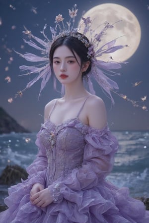 Here's a potential digital illustration based on your description:  -Title:- 'Moonlit Enchantress'  -Image:-  The illustration features a fantastical, ethereal woman standing against a backdrop of a large, glowing moon and a shimmering, starry night sea. Her hair flows like a river of purple, with intricate, delicate strands that seem to come alive in the moonlight.  She wears a stunning, ornate gown that's been meticulously designed to showcase her beauty and elegance. The gown is a deep, rich purple color, with intricate flower patterns and sparkling jewels that catch the light. Her headpiece is a masterpiece of complexity, with delicate, curved petals and glittering gemstones that seem to shimmer and shine.  Around her, a halo of light and butterflies creates a magical aura, as if she's conjuring up the very essence of the moon and sea. The moon above casts a soft, gentle glow over the scene, illuminating the waves and creating a sense of peace and tranquility.  -Color Palette:-  - Deep, rich purple for the hair and gown - Soft, shimmering blue for the moon and sea - Delicate, pale pink for the flowers and gemstones - Gold and silver for the jewelry and accents  -Style:-  The illustration is done in a highly detailed, realistic style, with a focus on capturing the beauty and elegance of the subject. The character is rendered in a lifelike way, with intricate textures and patterns that add depth and dimension to the image.  -Mood:-  The mood of the illustration is one of enchantment and mystery, capturing the essence of a magical, otherworldly moment. The subject's serene, ethereal expression and the dreamlike quality of the scene create a sense of wonder and awe, as if the viewer has stumbled upon a hidden, mystical world. 