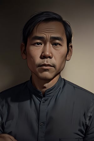 Moody portrait of a Vietnamese man, circa 1980. He sits calmly, gazing directly into the lens with a Mona-like serenity. His smooth face, free from whiskers (râu ria), is illuminated by soft, warm lighting that accentuates his gentle features. The framing is tight, focusing attention on his introspective expression. In the background, subtle texture and shading evoke a sense of nostalgia and timelessness.
