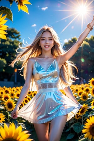 In a warm, soft sunlight-filled scene (1.3), a stunning blonde-haired elf with long flowing locks and emerald eyes stands amidst a vibrant sunflower field, her gentle breeze-tousled hair fluttering in harmony. She gazes upwards, her kawaii expression radiating joy and happiness as petals from the blooming flowers dance around her. A sprinkle of sparkling magic dusts her skin, accentuating her beautiful legs and toned physique. The camera captures a serene, idyllic moment, with the sun's warm rays illuminating her delicate features (soft sunlight:1.3).