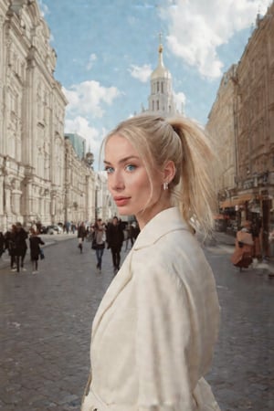 A confident blonde woman with piercing blue eyes and a chic ponytail confidently walks through the vibrant streets of Moscow, close up ,radiating sophistication and independence. Dressed in elegant attire, she captivates onlookers with her alluring presence. This cinematic GoPro photograph freezes her in motion, her graceful stride harmonizing with the backdrop of iconic landmarks and bustling city life. Amidst the urban chaos, she exudes poise and confidence, embodying modern elegance against the historic charm of Moscow's cityscape. 