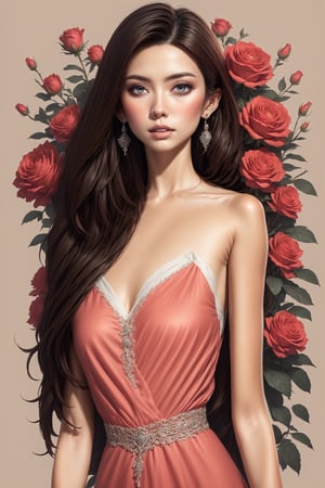 Create a modern-styled sketch portrait in silk textured paper of a gentle lady inspired by roses and love, utilizing the vibrant color palettes and sleek lines reminiscent of the works by Chinese contemporary artist Zhang Xiaogang, background is full of roses abstracts,xxmix_girl,Enhanced All,Long Legs and Hot Body,Unique Masterpiece