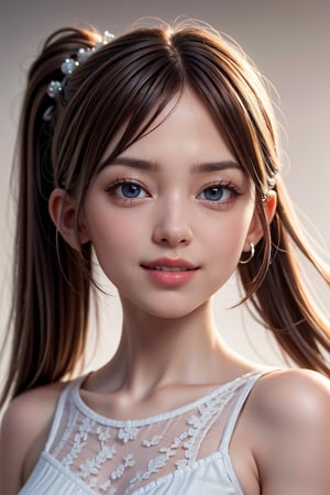 (8k,masterpiece, best quality, highres), 1girl,long hair,(side ponytail:1.2) , brown hair,brown eyes, big smile,(closed mouth:1.1) ,delicated eyes, delicated face,hair accessories,focus,portrait, ,Signature ,Enhance