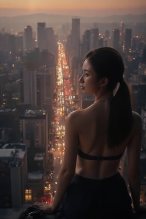 (masterpiece, best quality), (busy city,bustling atmosphere,silhouette of a teenage girl at the top of a building looking down at the street), dusk, neon lights, high-rise buildings, twinkling cityscape, energetic pedestrians, rushing traffic, vibrant colors, urban metropolis, hustle and bustle, modern architecture, skyscrapers, city lights, asphalt roads, flickering street lamps, urban soundscape, blurred motion of cars and people, urban sprawl, city at night, nightlife, teenager's contemplative stance, isolated figure, loneliness in the crowd, ethereal atmosphere, mysterious aura, reflection of city lights on the windows, warm glow of the setting sun, exciting energy, imposing shadows, towering skyscrapers, rebellious spirit, expansive city view, vivid vitality, metropolitan dreamscape, urban exploration, romanticized chaos, captivating skyline, anonymous faces, concrete jungle, raw emotions, inspiring heights, clenched fists, hazy skyline, endless possibilities,Enhanced All,ghibli,cyber