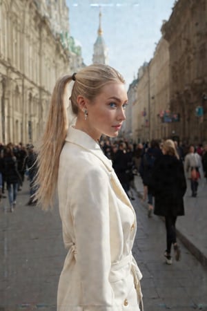 A confident blonde woman with piercing blue eyes and a chic ponytail confidently walks through the vibrant streets of Moscow, close up ,radiating sophistication and independence. Dressed in elegant attire, she captivates onlookers with her alluring presence. This cinematic GoPro photograph freezes her in motion, her graceful stride harmonizing with the backdrop of iconic landmarks and bustling city life. Amidst the urban chaos, she exudes poise and confidence, embodying modern elegance against the historic charm of Moscow's cityscape. 