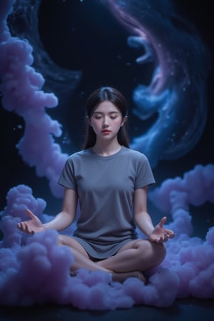 A surreal still life: A young girl sits cross-legged on a dark, starry background, her eyes closed in concentration. She's surrounded by swirling clouds of purple and blue gases, echoing the cosmic vortex of a black hole. Her hands rest palms-upward, as if channeling the celestial forces. The lighting is dim, with faint streaks of light tracing the curves of the galactic dust.,wonder beauty