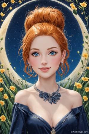 (1girl, smile, face focus, bun hair, perfect face, medium shot, gracefully, golden petals and green flowers form intricate patterns against the backdrop of the moon, reminiscent of the styles of Da Vinci), Detailed texture, High quality, High resolution, High precision, Realism, Color correction, Proper lighting settings, Harmonious composition, Behance Works,detail-rendering,Realistic Enhance,redhead,Fashion drawing